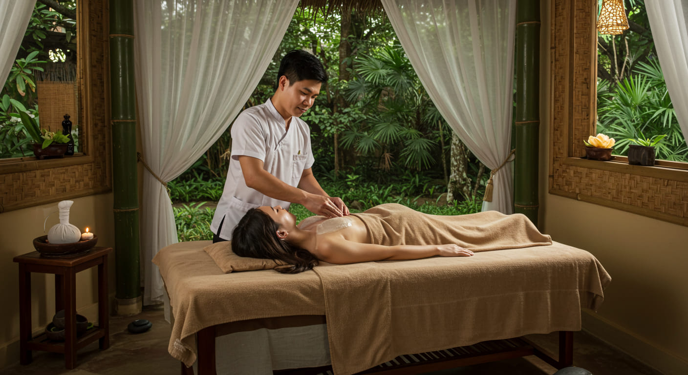 Traditional Vietnamese massage therapy session with herbal treatments